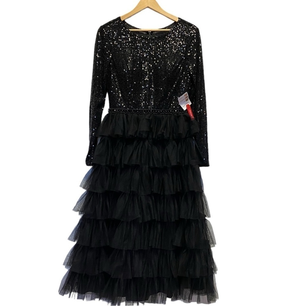 Mac Duggal long sleeve teired ruffle midi dress - Picture 3 of 15